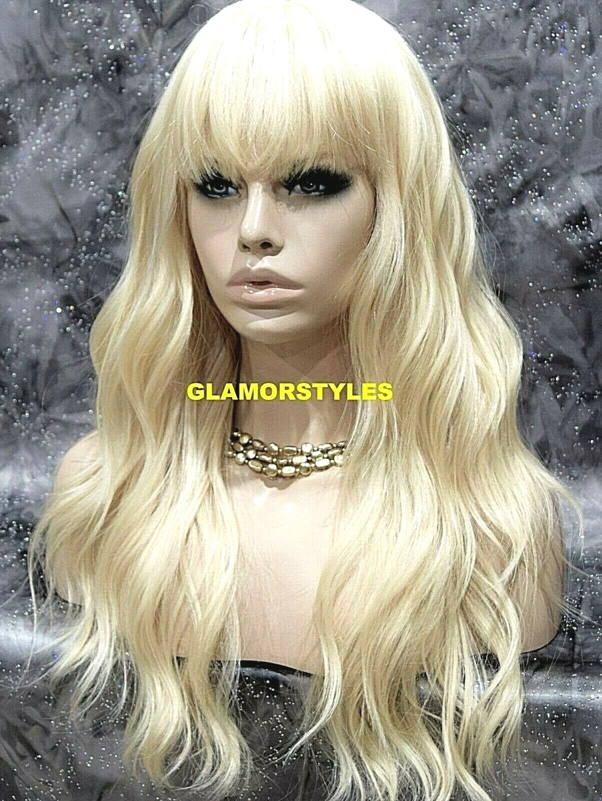 FULL WIG LONG LAYERED WAVY WITH BANGS BLEACH BLONDE #613 HEAT OK NWT