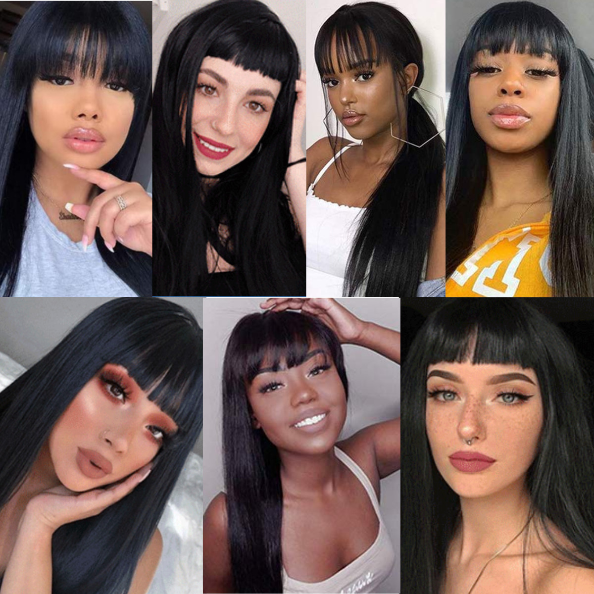 Black Long Straight Cosplay Party Wigs With Bangs Halloween Soft Synthetic Hair