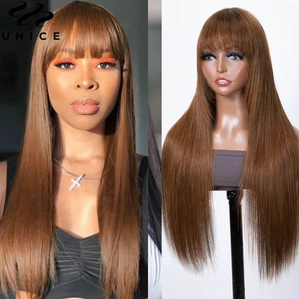 UNice Cambodian Brown Yaki Straight Human Hair Wig with Bangs Lace Wig Layer Cut