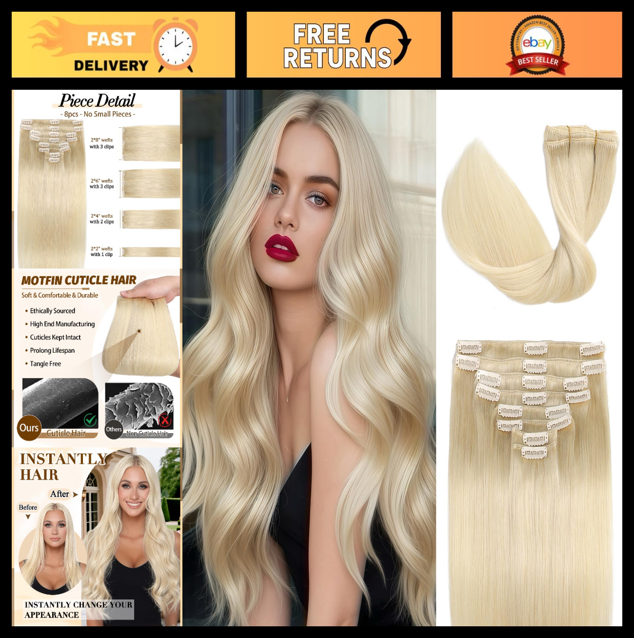 24″ 120g Clip-In Real Human Hair Extensions, Balayage Seamless Straight, 8Pcs