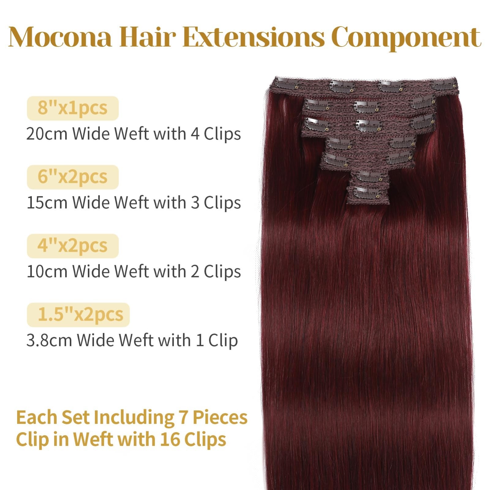 20″ Clip-in Real Human Hair Extensions 7pcs 120g Burgundy Red Soft Remy Straight