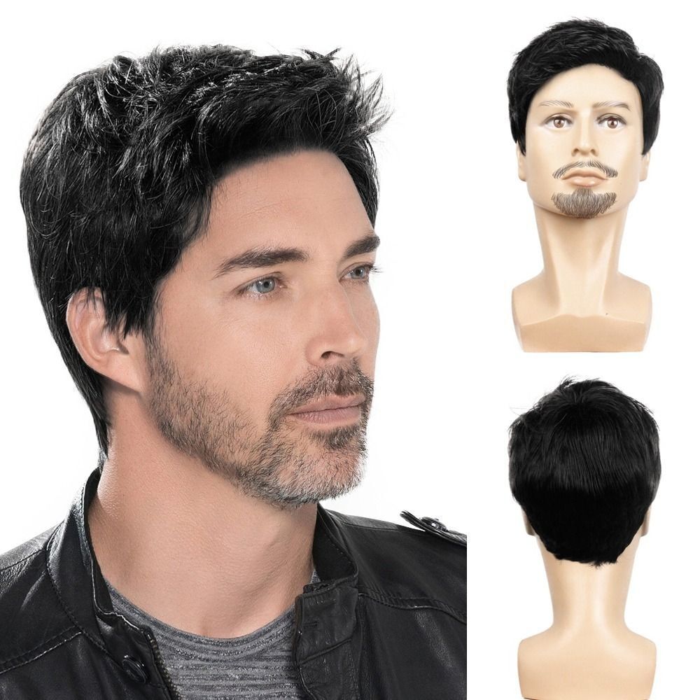 Men’s Black Men Wig Short Full Wigs Little Wavy Synthetic Straight Hair Daily US