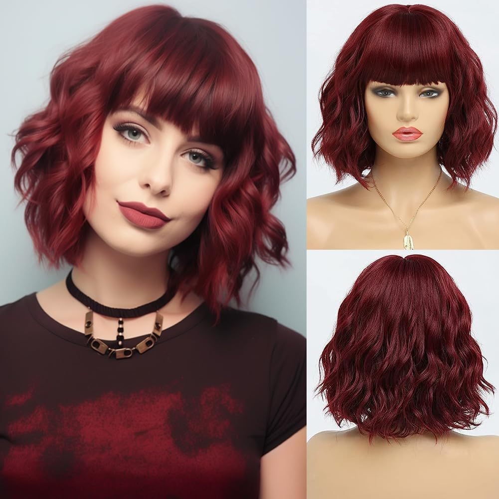 Multi-color Blunt Bangs Short Water Wave Curly Wig for Women Rose Net Synthetic