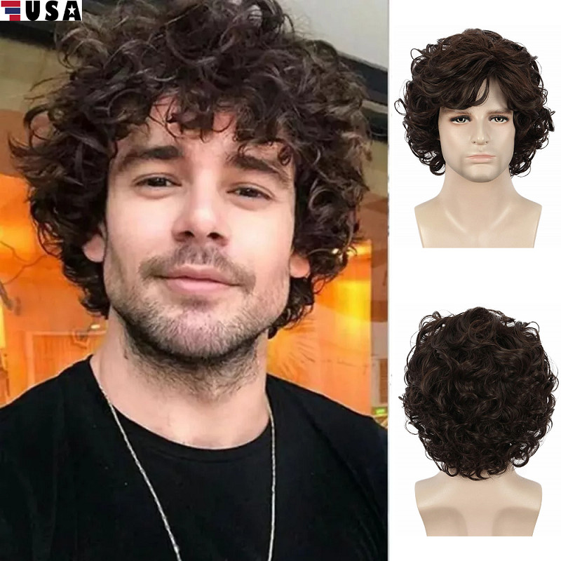 Men’s Short Brown Wig Synthetic Hair Smooth Natural Men’s Curly Wig Synthetic US