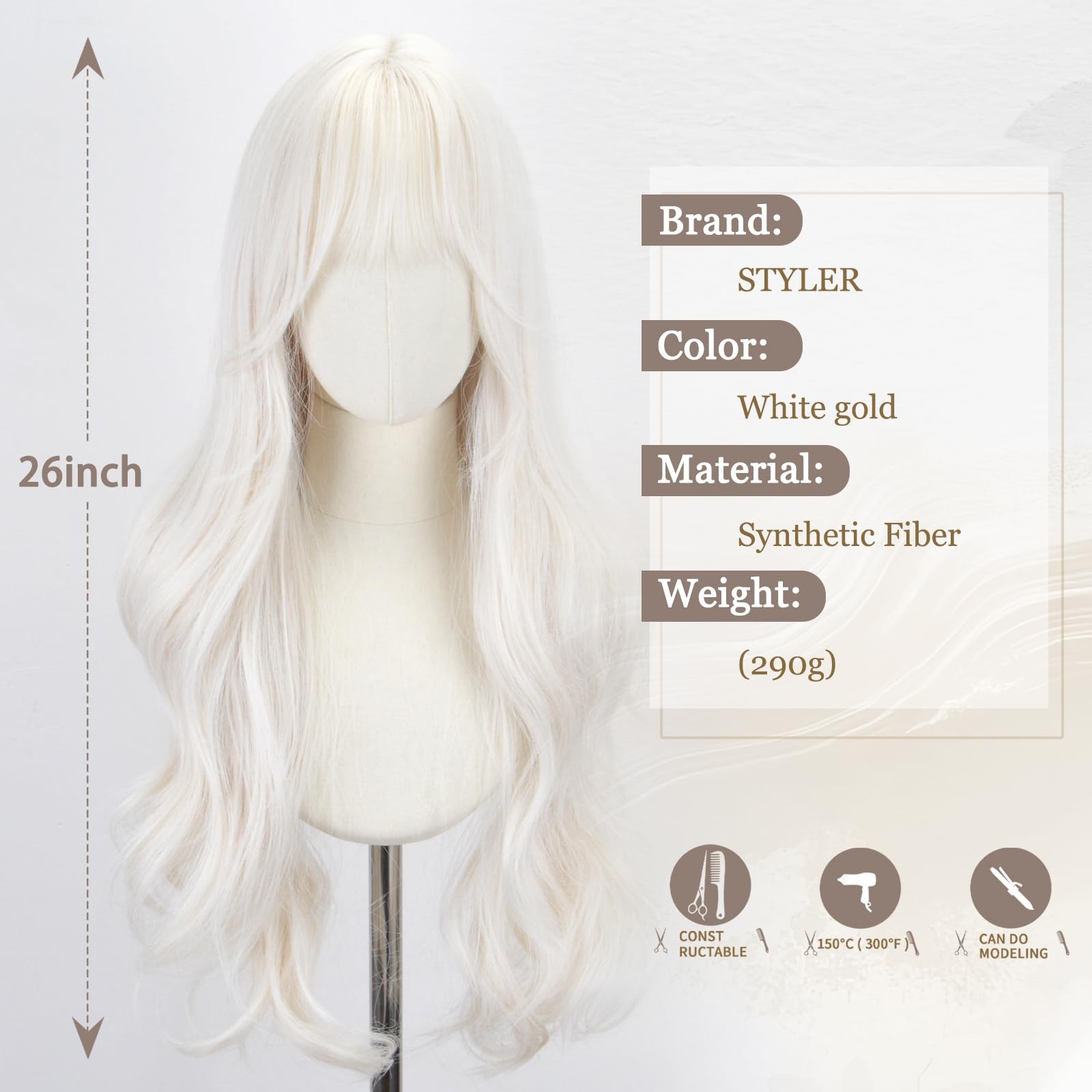 White Wig with Bangs for Women -26 Inch Long Wavy White Wigs Synthetic Heat R…