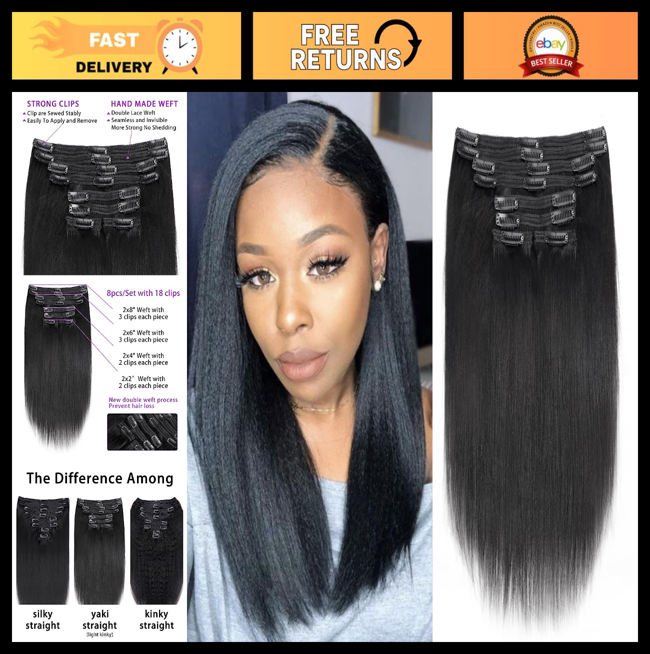 12″ Yaki Straight Clip-In Human Hair Extensions – 120g, 18 Clips, Low Shine, #1B