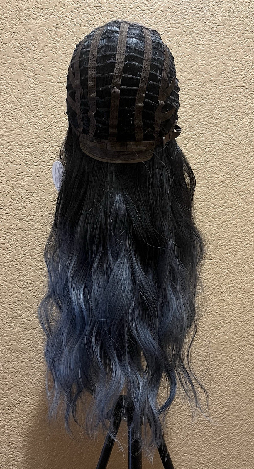 Long Black to Blue Ombre Synthetic Wig | Soft Waves with Full Bangs | Adjustable