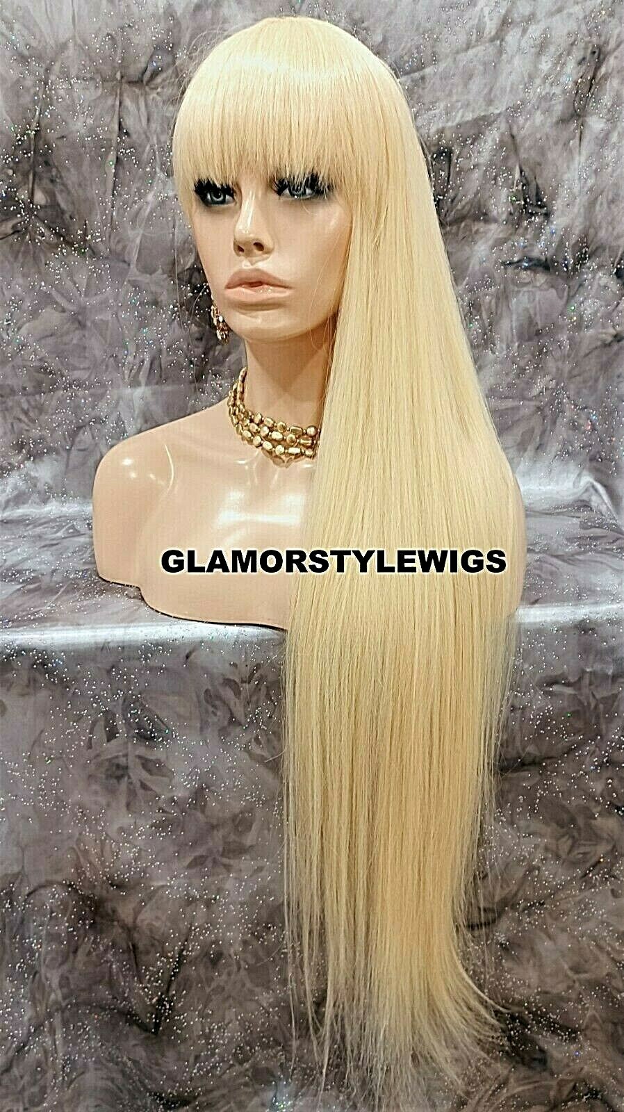 43” FULL WIG LONG LAYERED STRAIGHT W BANGS BLEACH BLONDE HEAT OK #613