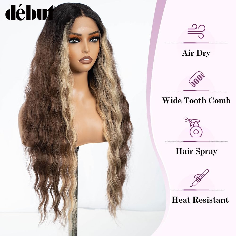 30 Inches Skunk Stripe Brown Blonde Water Wave 13x6x0.5 Lace Front Wigs Long …