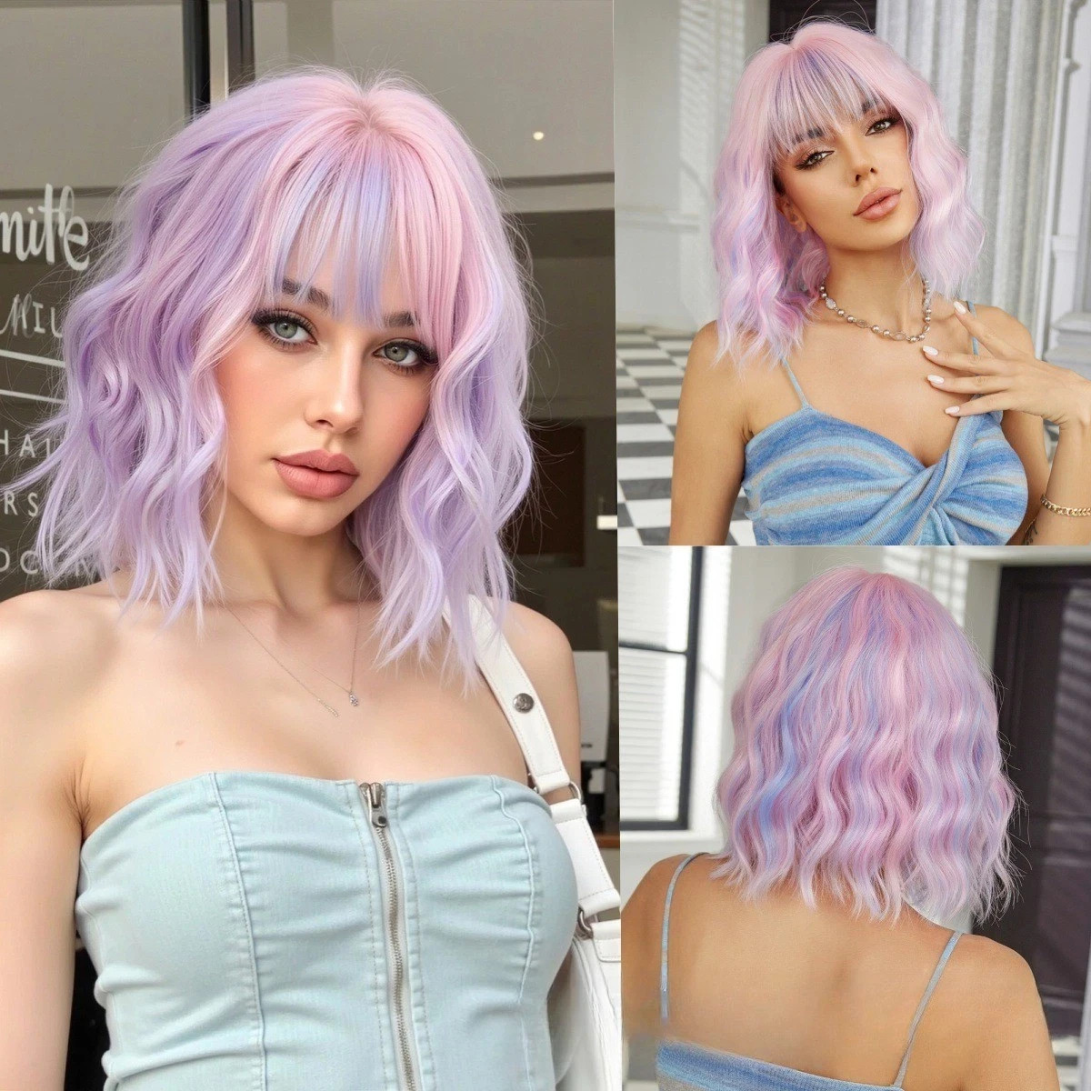 Cosplay Wig Pink Hightlights Wigs with Bangs Short Wavy Bob Wig for Women Girls