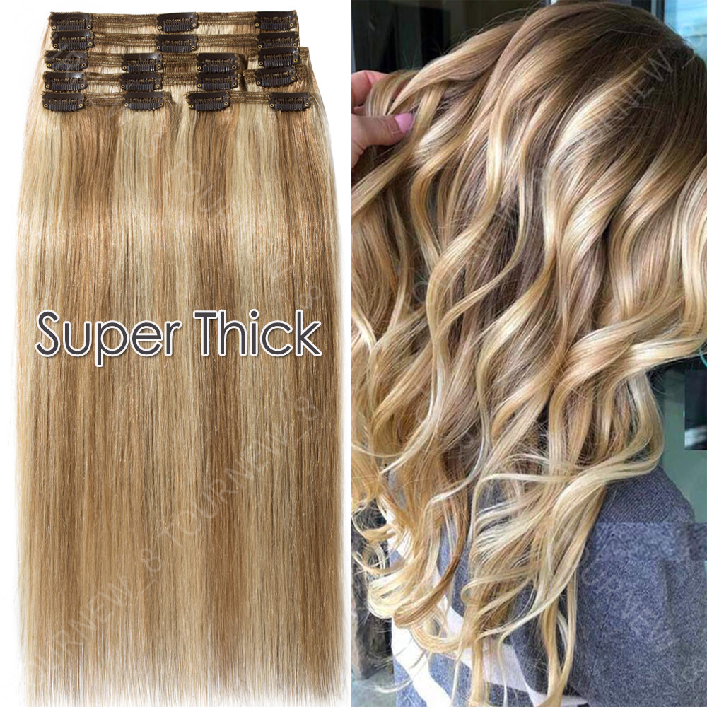 Body Wave Clip In Full Head Double Weft Remy Human Hair Extensions Thick Colored