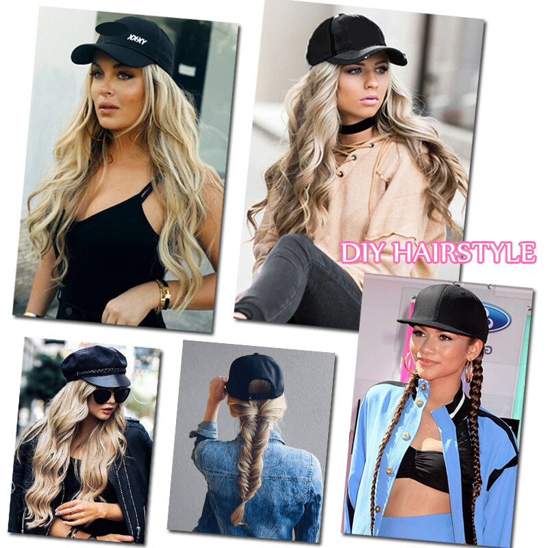 100% REAL Baseball Hat Cap with Hair Extensions AS Human Long Ponytail Hairpiece