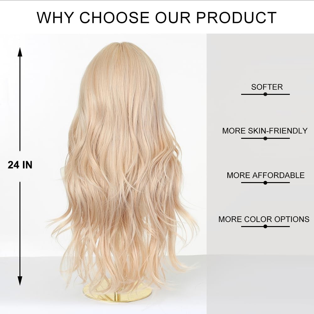 Long Wavy Blonde Wigs for Women with Fringe Natural Synthetic Hair Wig for Da…
