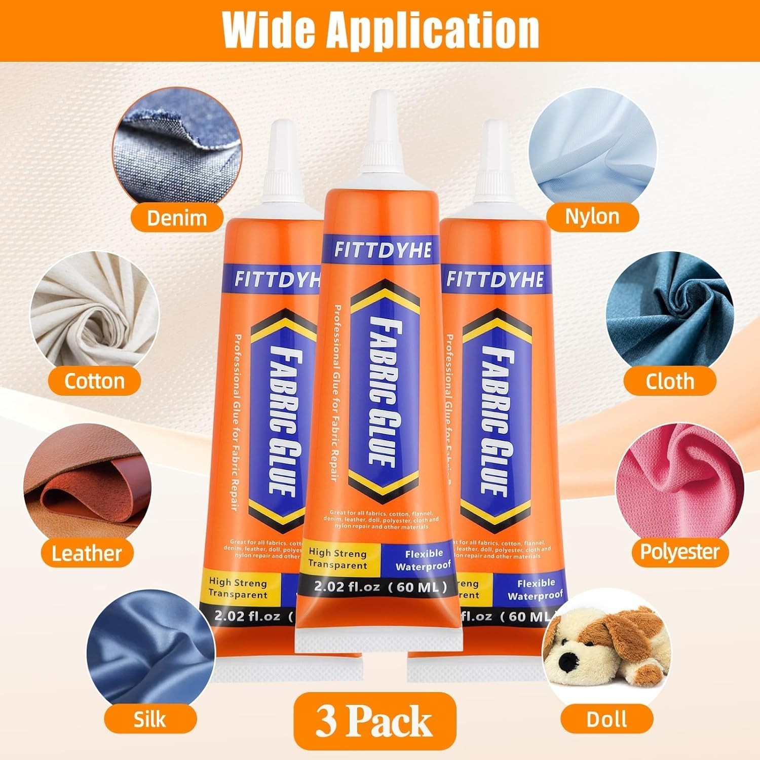 3Pcs Permanent Fabric Glue 60ML – Washable Clear Adhesive for Clothes, Denim, Pa