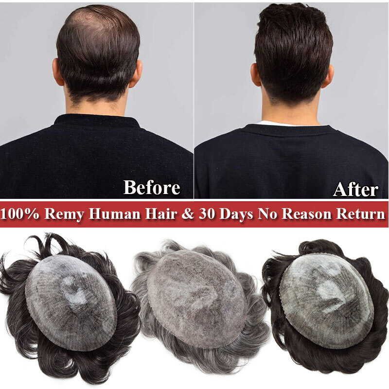 Mens Toupee Hairpiece PU Thin Skin 100% Human Hair System Replacement Wig Silver