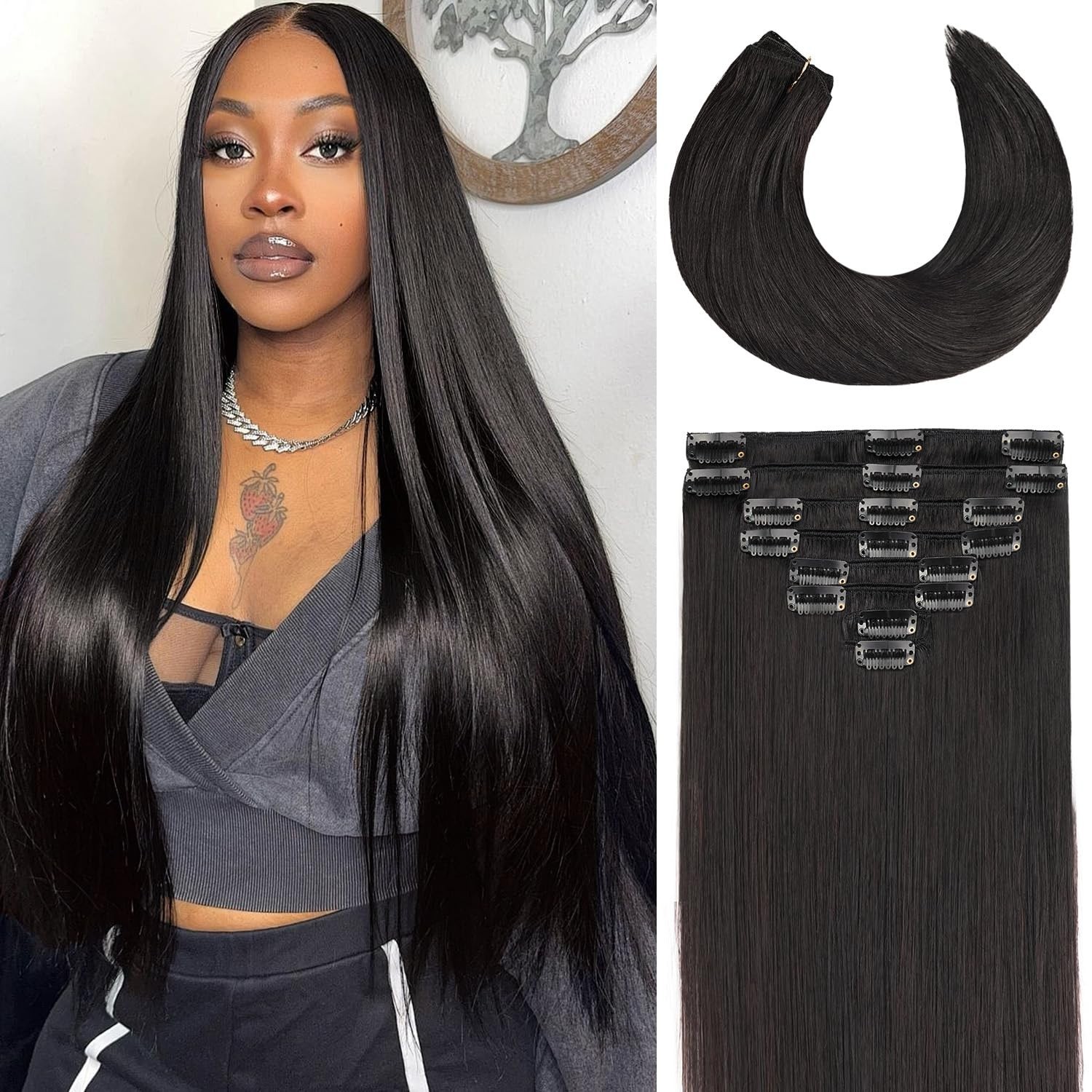 26″ Natural Black Clip-In Hair Extensions – 8pcs Seamless Remy Human Hair, Invis