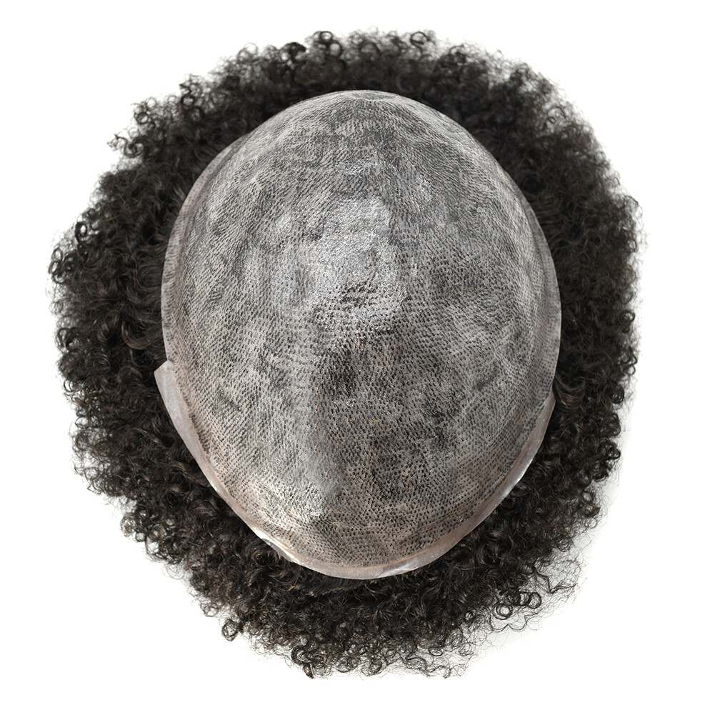 Mens Toupee Afro Curly Full Poly African American Black Real Human Hair Wig PU