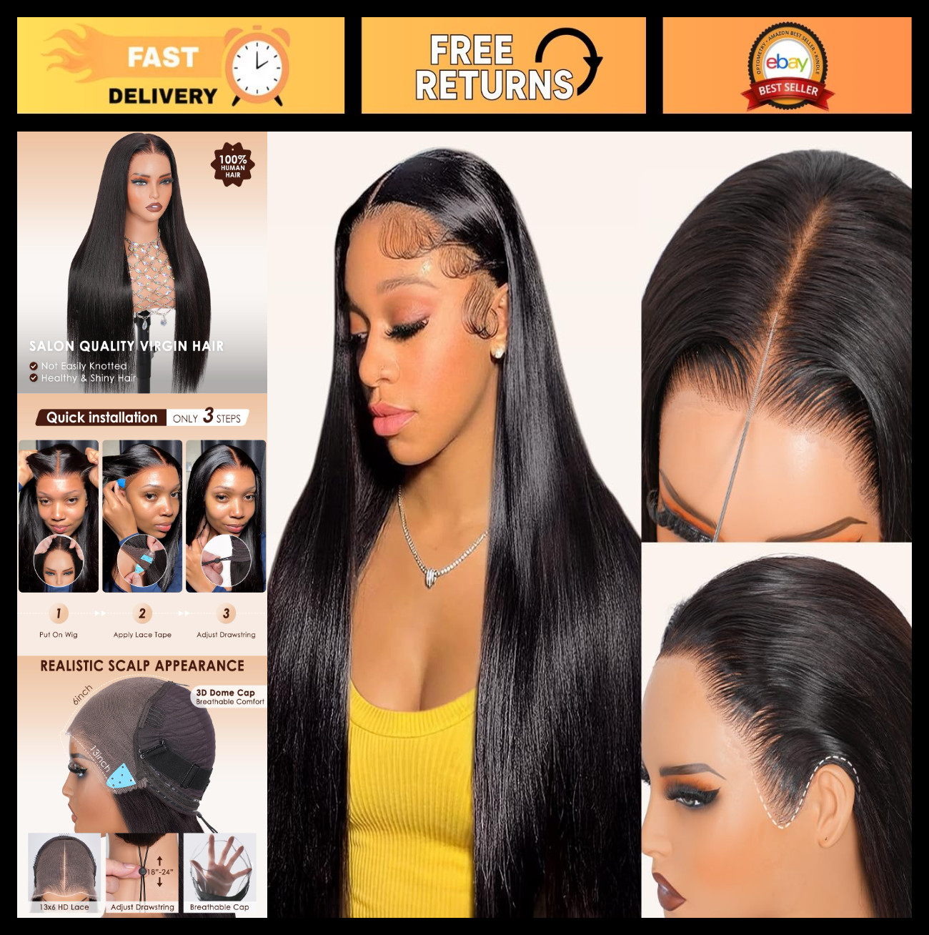 13×6 Straight Lace Front Wig Human Hair, Pre-Plucked, 200 Density, Glueless, Dra