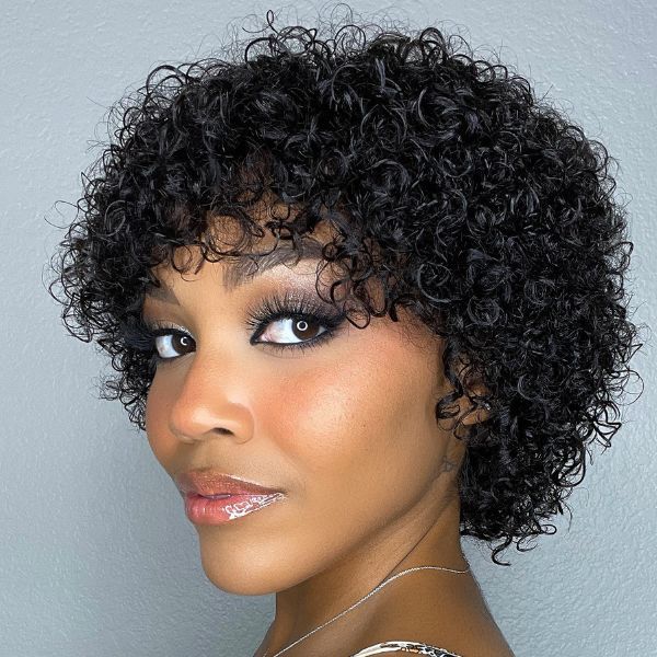 Human Hair Short Curly Wigs 6 Inch Natural Black Pixie Cut Afro Kinky Curly Wigs