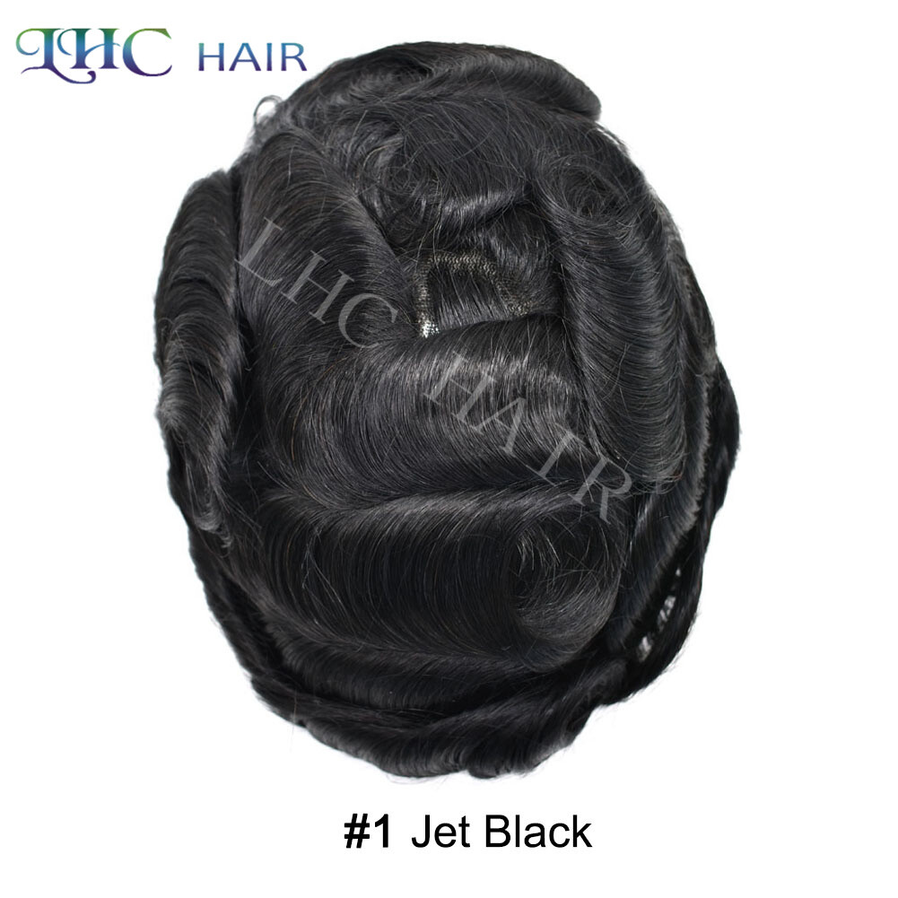 Mens Toupee Human Hair Replacement System All Injection PU Hairpiece Brown Grey