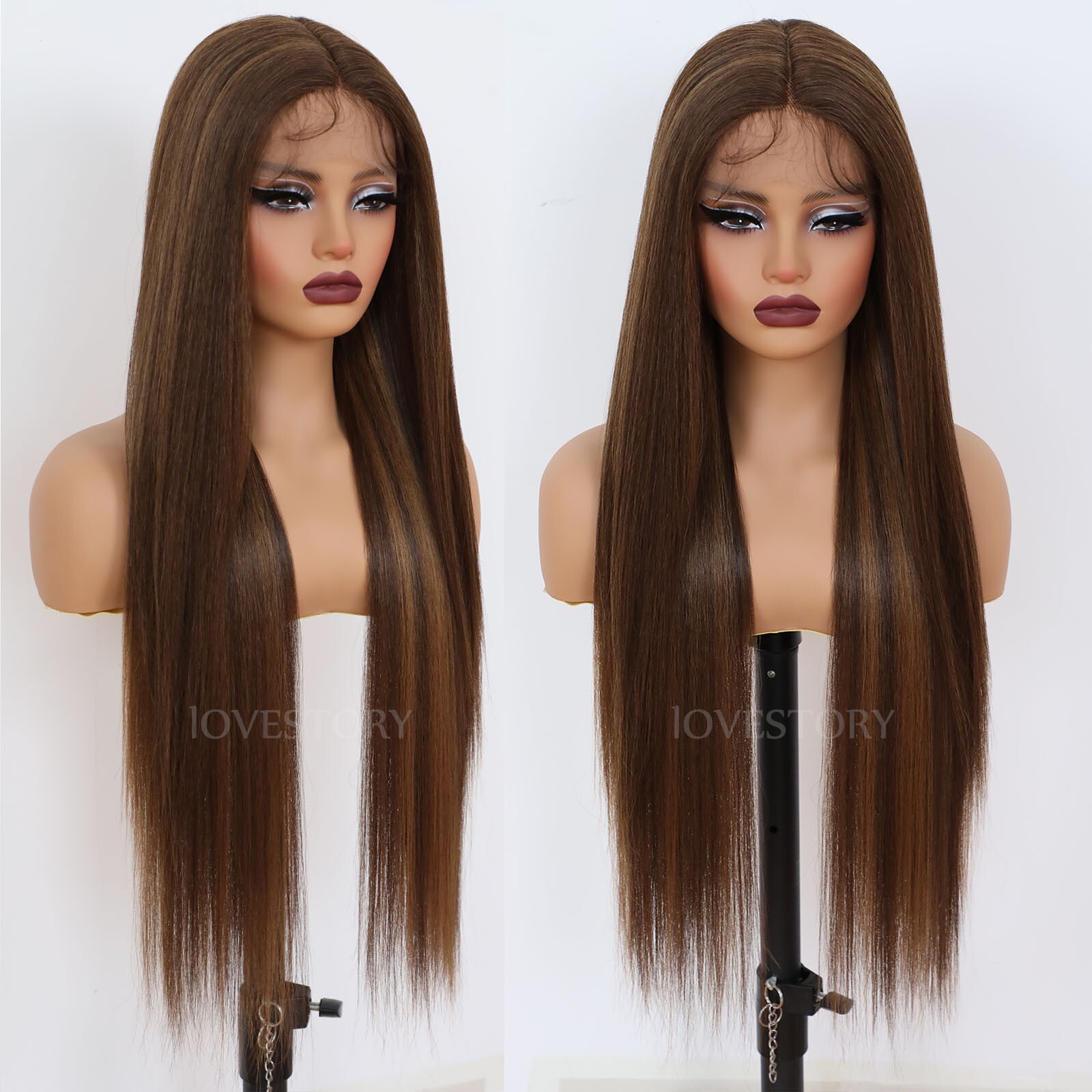 Synthetic Lace Front Wigs 32 Inch Long Straight Brown Blonde Highlights Women