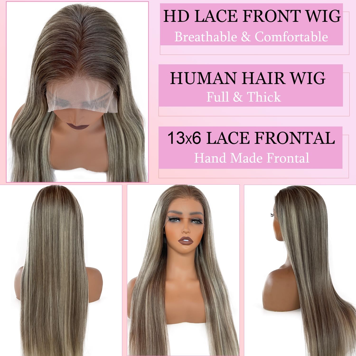 Valiilo 13X6 Ash Blonde Lace Front Wig Human Hair 24 Inch Ombre Brown Blonde