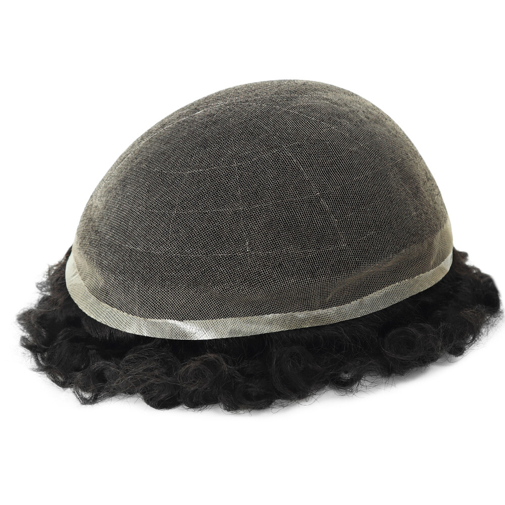 Mens Human Hair Toupee Afro Curl Hair System French Lace Black Hair Piece