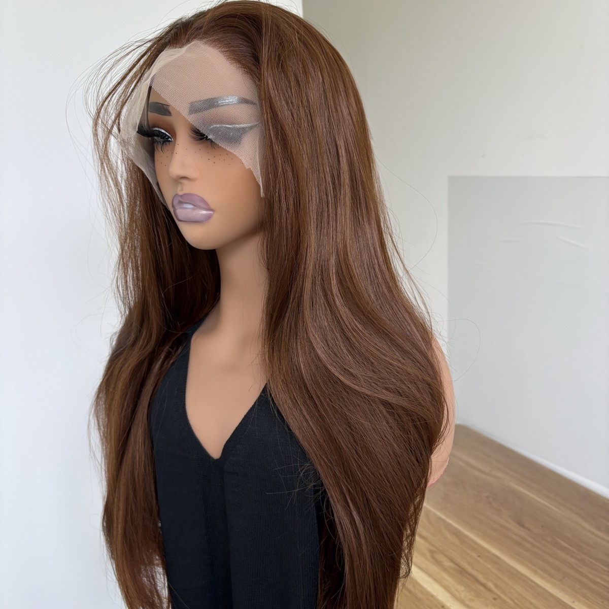 Dark brown Frontal Lace Wigs Long Straight Women Heat Resistant Hair