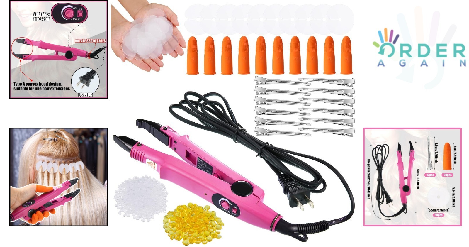 Hair Extensions Iron Fusion Keratin Heat Tool Pink Hair Clip Glue Kit