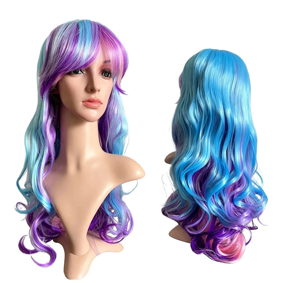 Long Wavy Purple Blue Mixed Color Wig with Bangs Heat Resistant Synthetic Hair C