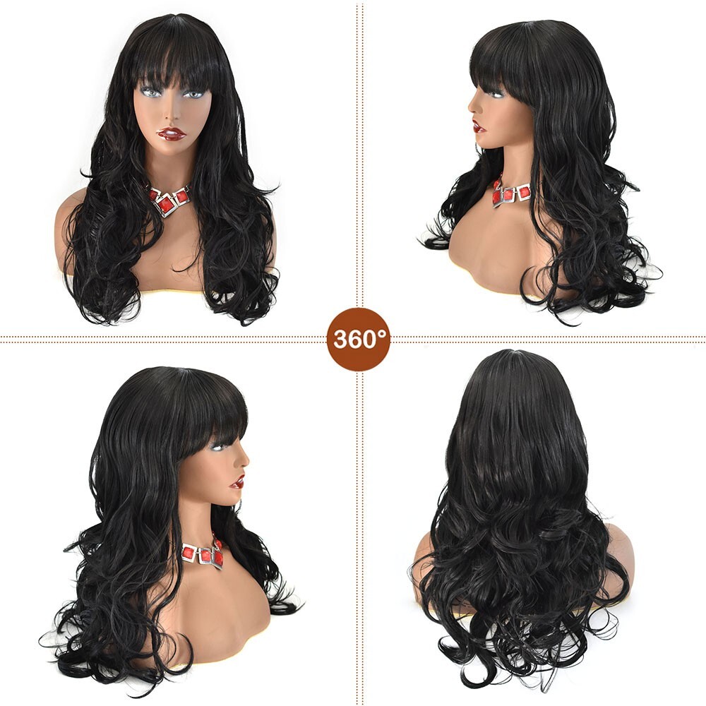 Women Synthetic Wig Long Wavy Hair with Bangs Machine Made Full Cap Glueless Wig