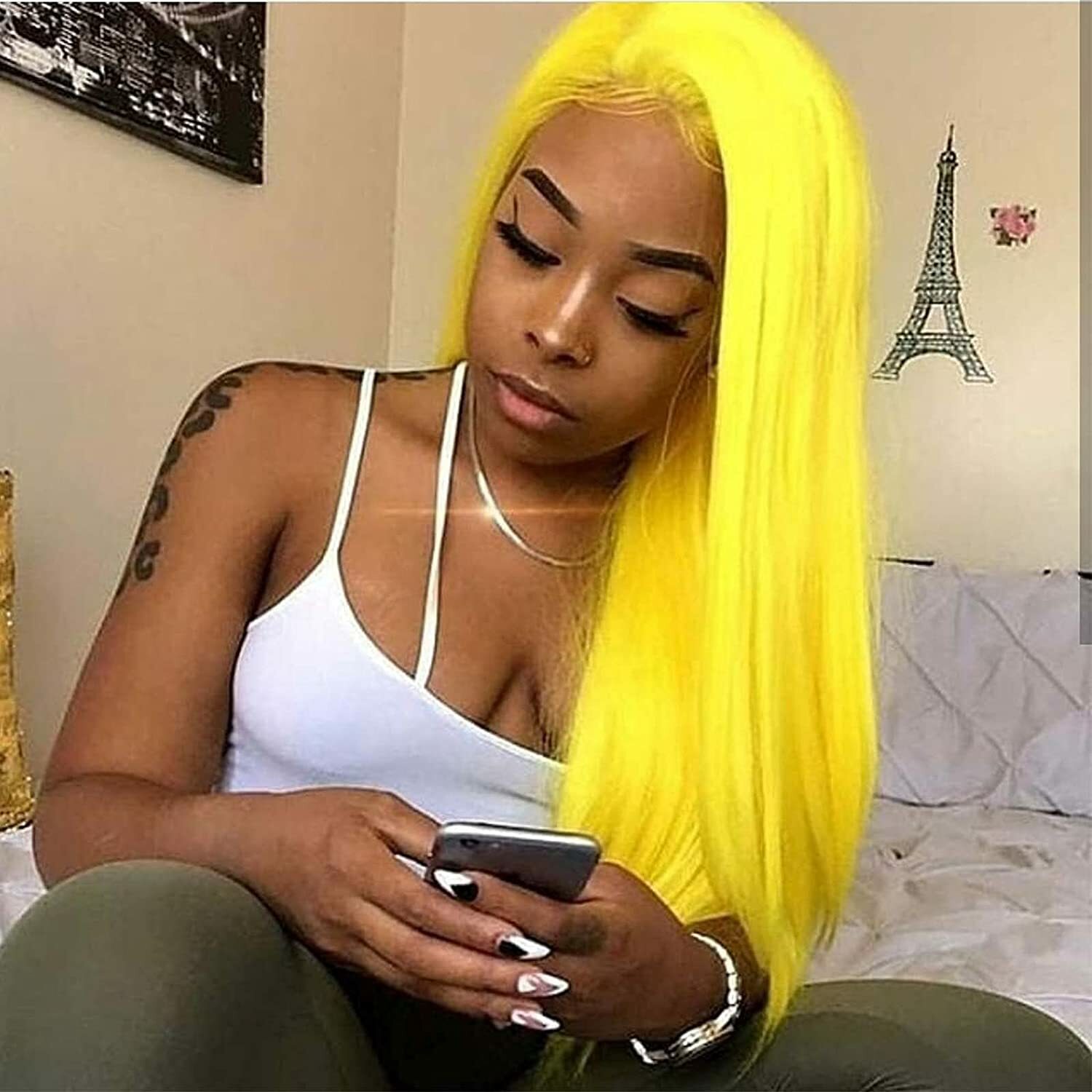 Lace Front Yellow Wig 24In Long Straight Yellow Wig for Women Cosplay Party Wear