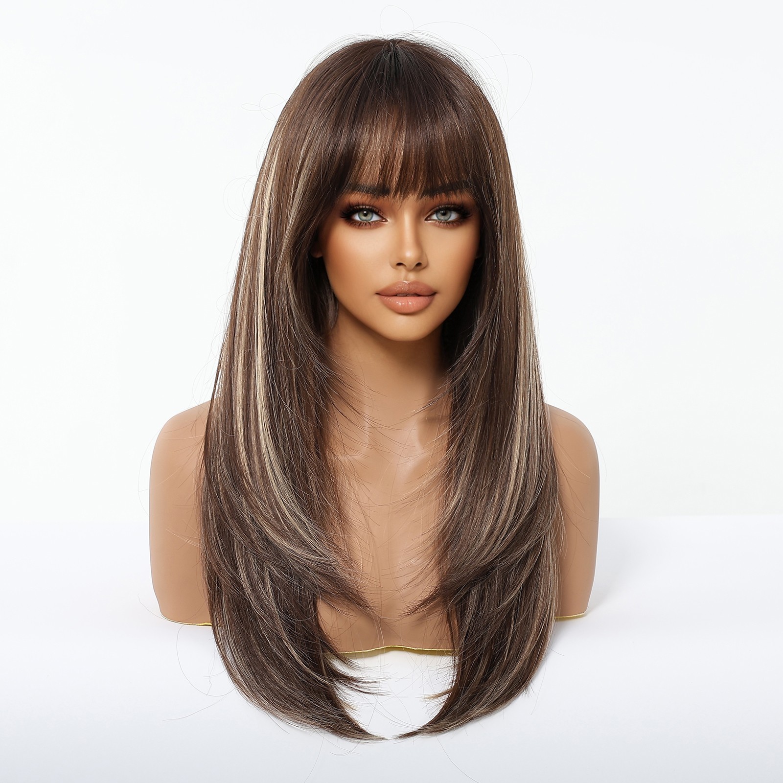 Dress Up Wig With Fringe Mixed Brown blonde Long Straight Synthetic Hair