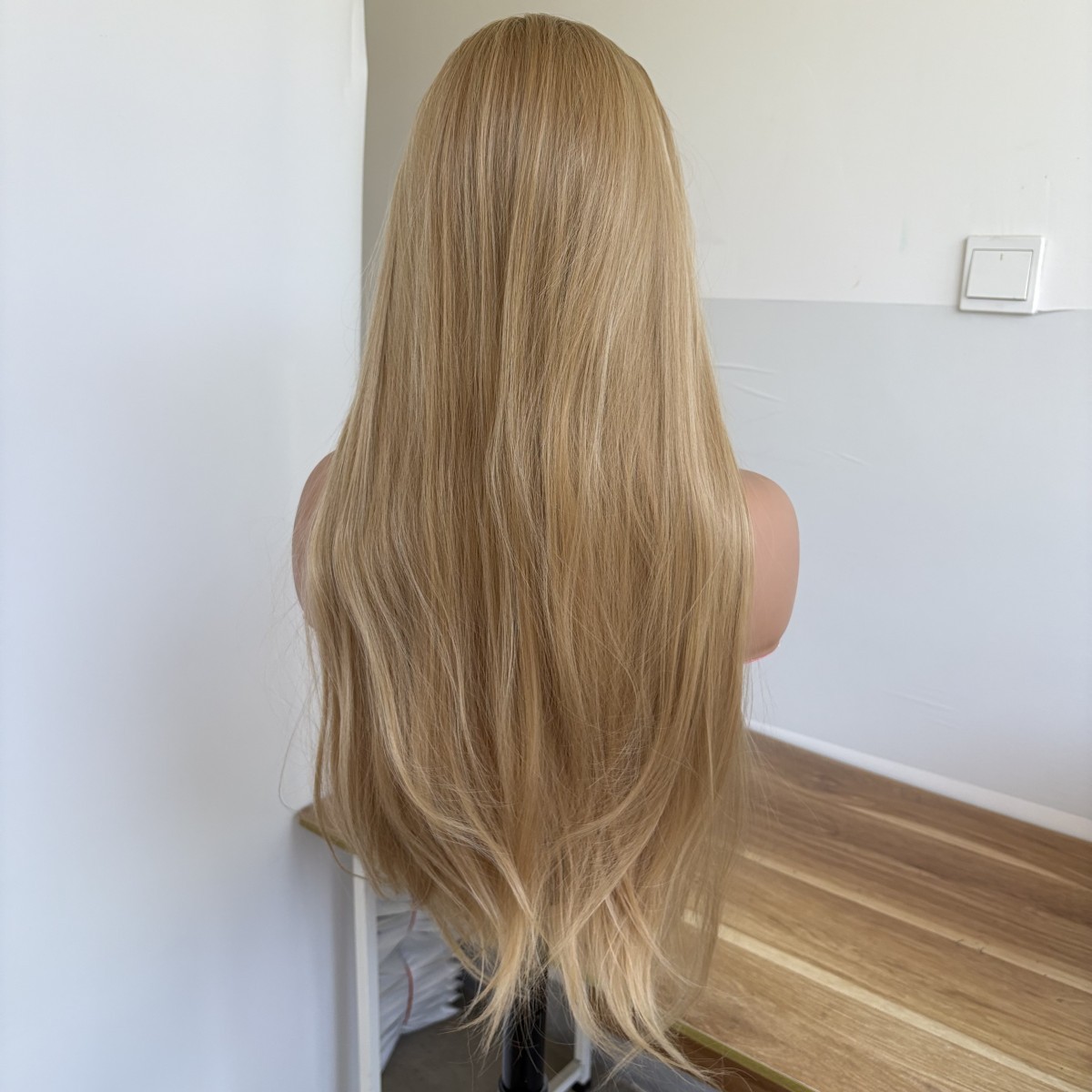 Long Straight Glue Less Lace Front Wig Natural Ash Blonde Synthetic Hair sOFT