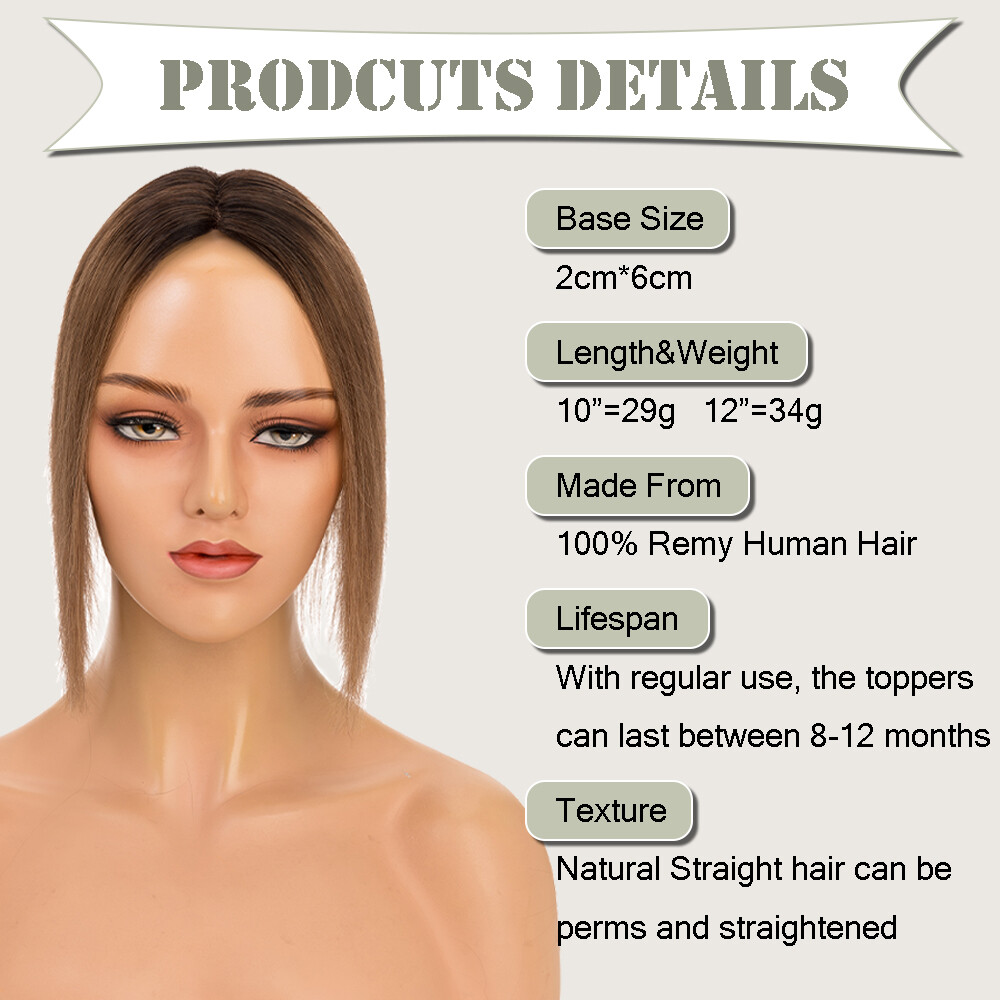 100% Real Human Hair Piece Topper Clip in Top Toupee Hairpiece Women Side Part
