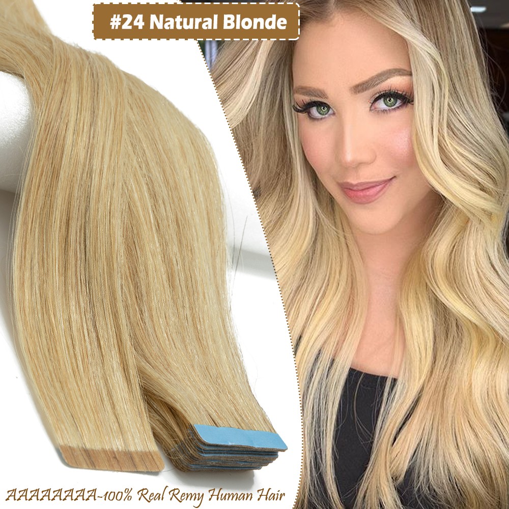 60pcs Tape in Remy Human Hair Extensions Skin Wefts Premium Thick Hair 14-24 in