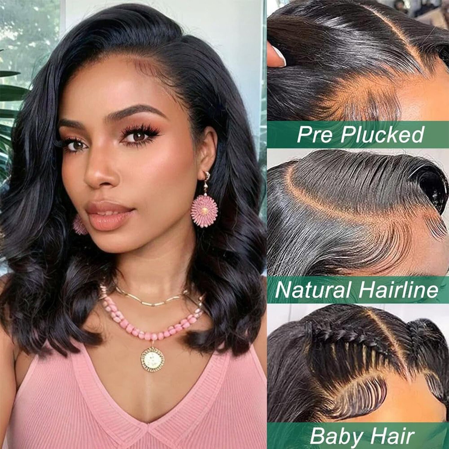 14″ Lace Front Bob Wig Black Natural Hair Body Wave Women Pre Plucked Wigs USA