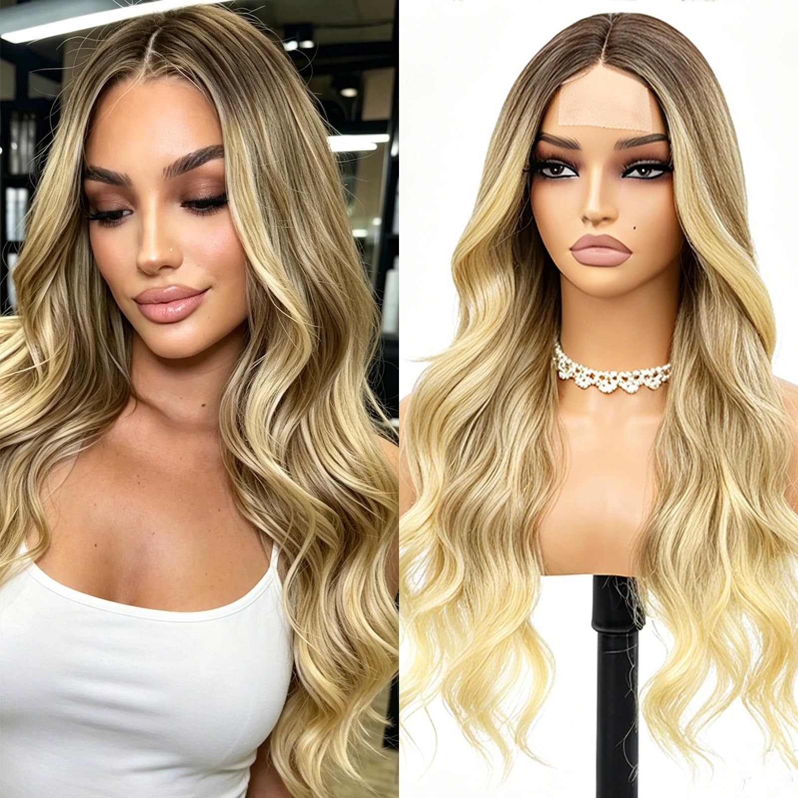 Long Ombre Dark Root Blonde Wavy Wig 4×1 Lace Natural Hairline Middle Part Cu…