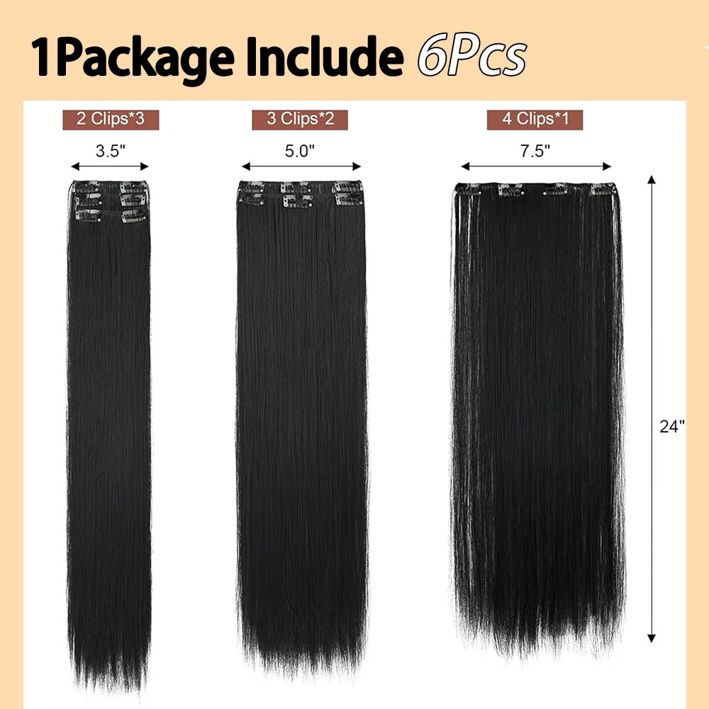 6Pieces/Set Clips in Hair Extensions 24 Inch Synthetic Long Straight Extensions