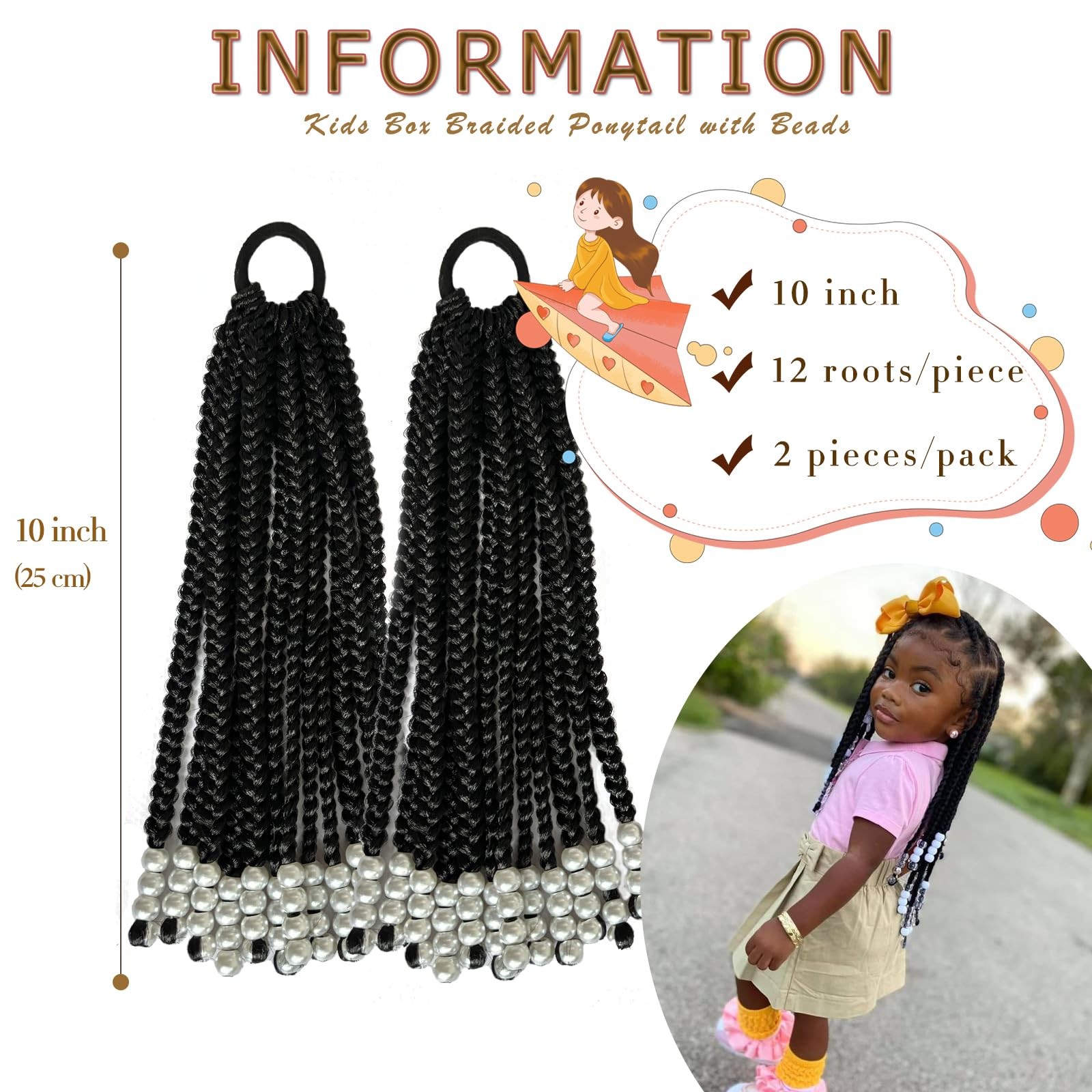 WSTAR 2 Pieces Kids Ponytail With Beads Box Braided Ponytails Hair Extensions…