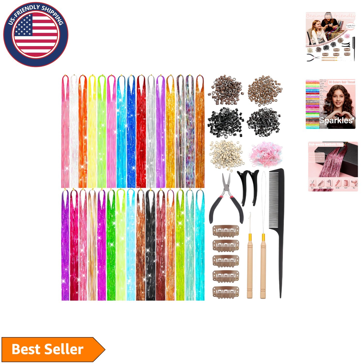 30-Color Hair Tinsel Kit with 48-Inch Sparkling Glitter Extensions for All Oc…