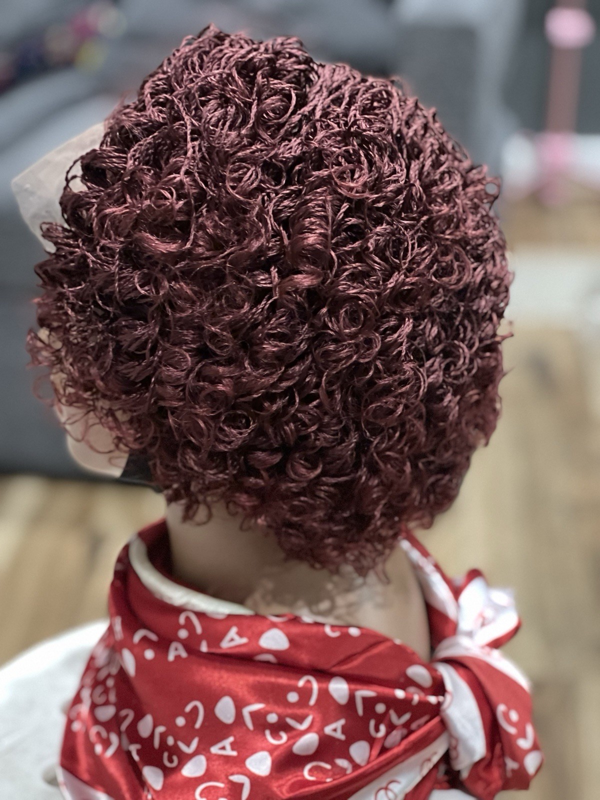 Braided micro twist Curly Burgundy Wig. made on a full lace wig.READY TO SHIP.