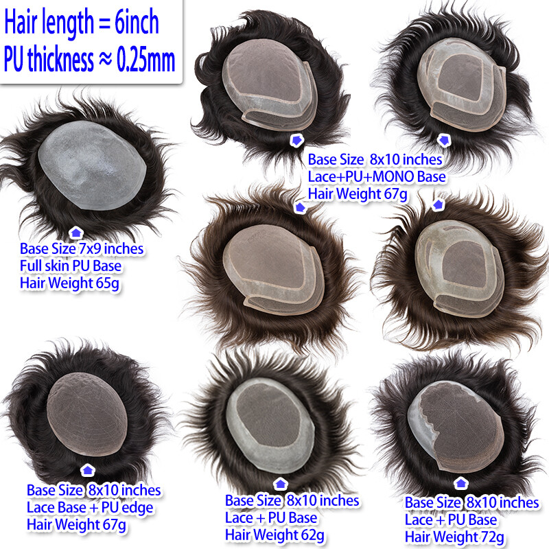 Mens Toupee Thin Skin PU/MONO Real Remy Human Hair Piece Toupee Replacement Wig