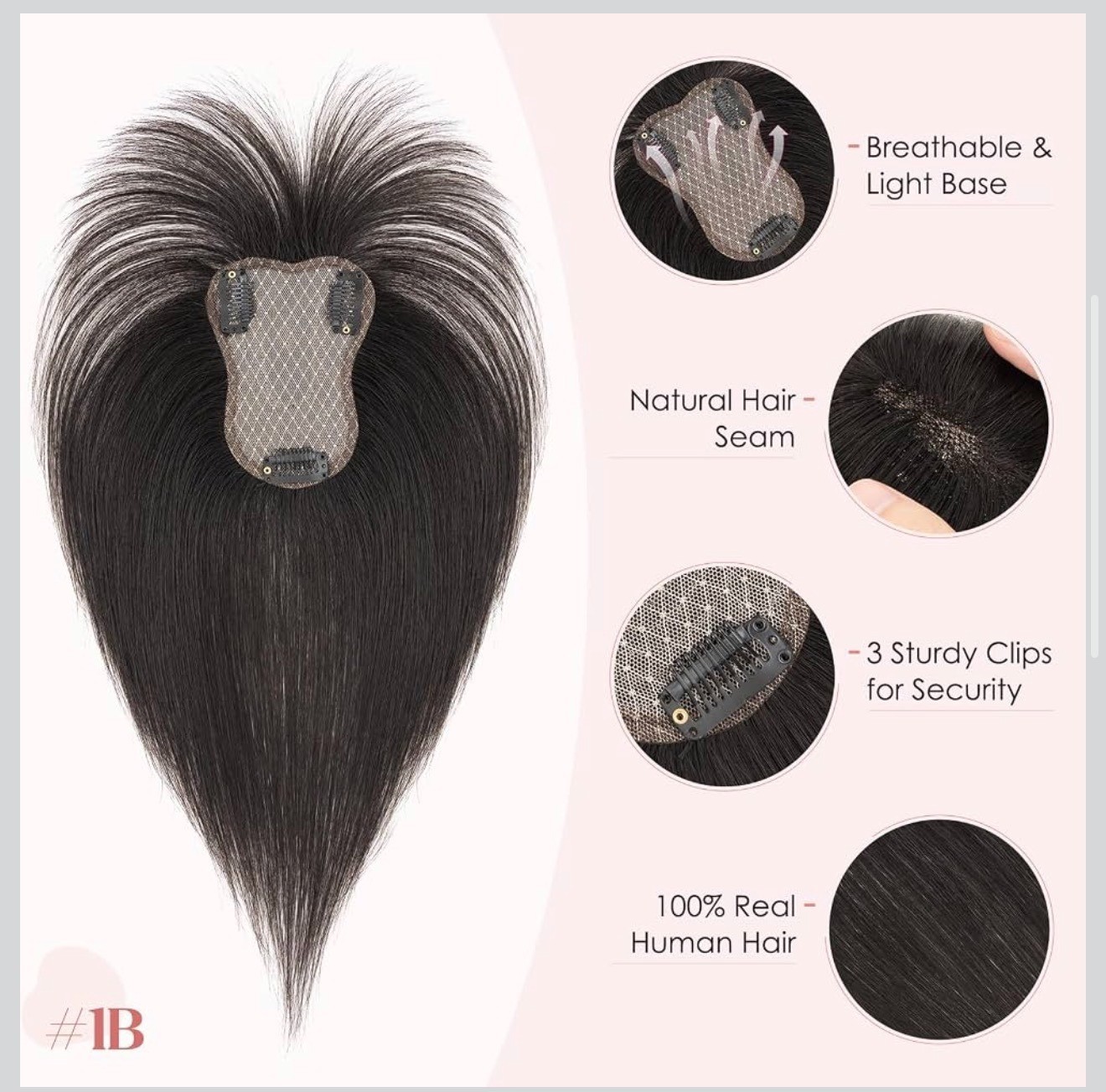 Hairro 14-Inch Human Hair Topper With Clips Natural Black Breathable Base Seamle
