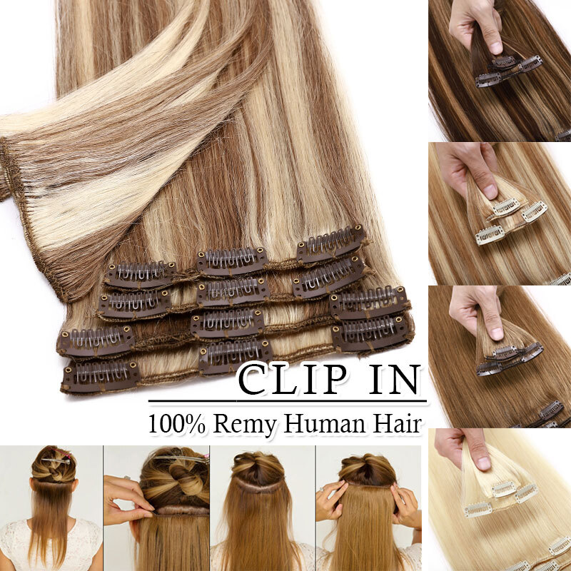 8-24Inches 100% Human Hair Extensions Clip In Real Remy Hair Extension Full Head