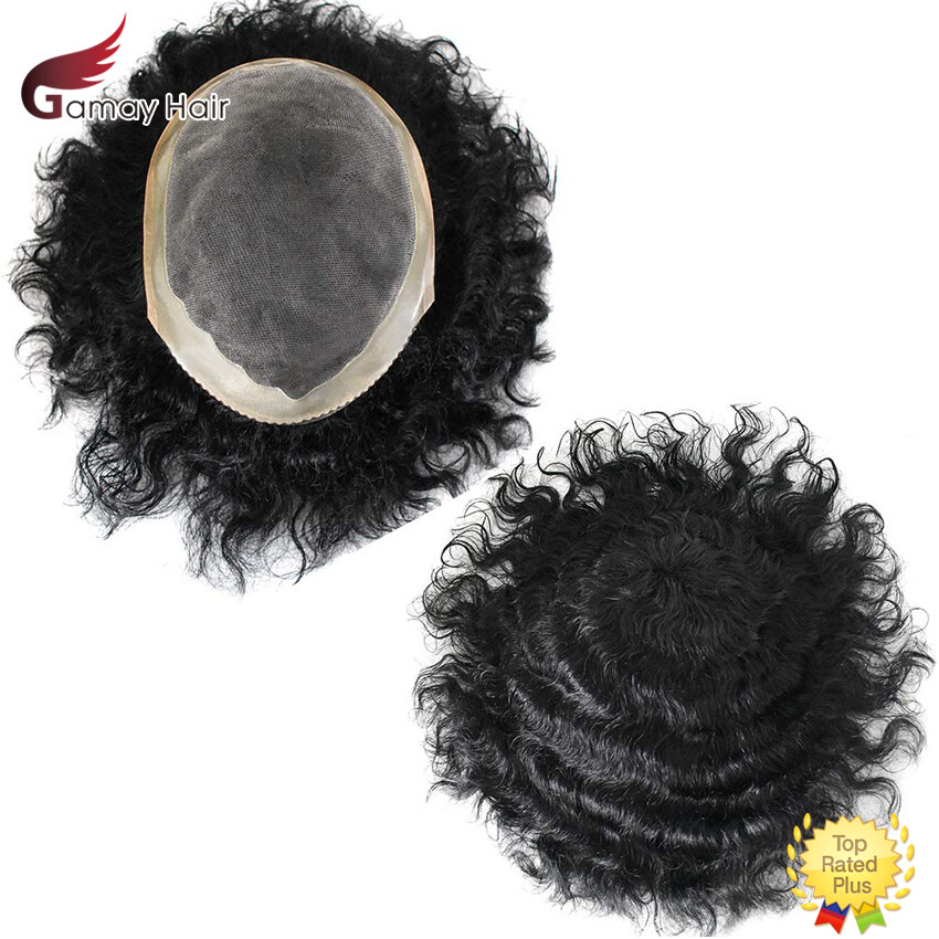 Mens Toupee Curly Wavy Human Hair Replacement System 20MM Wave Mono Poly NPU Wig