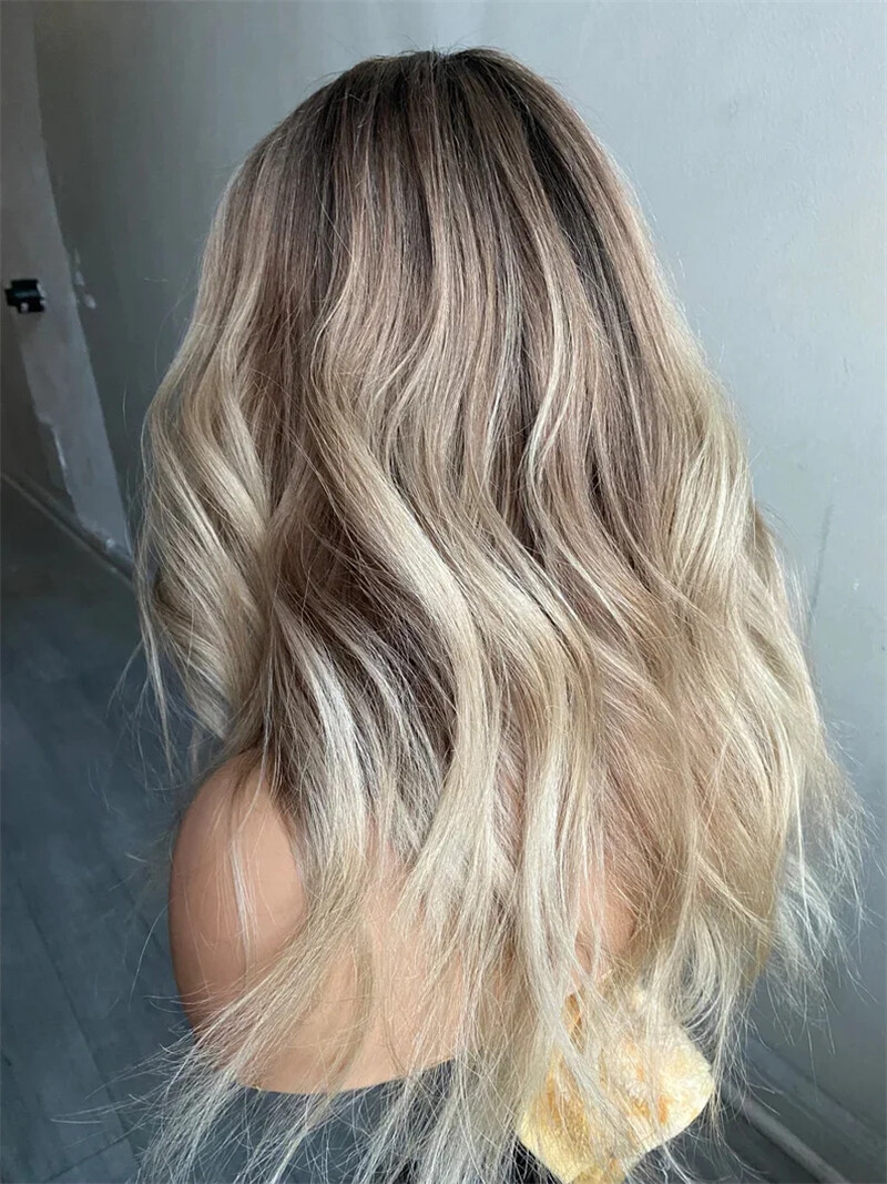 Ash Brown Platinum Blonde Ombre Lace Front Wigs Natural Wave Remy Human Hair Wig