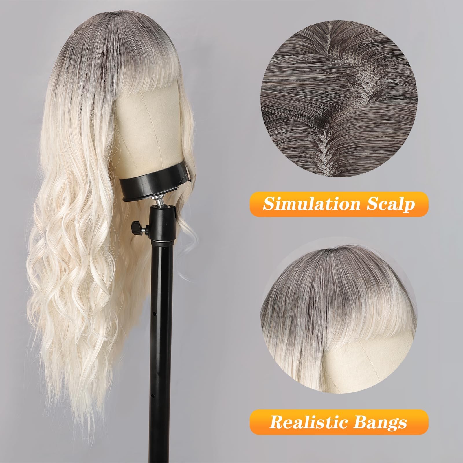 Long Wavy Wigs with Bangs for Women Ombre Wig Synthetic Wavy Hair wigs for bl…