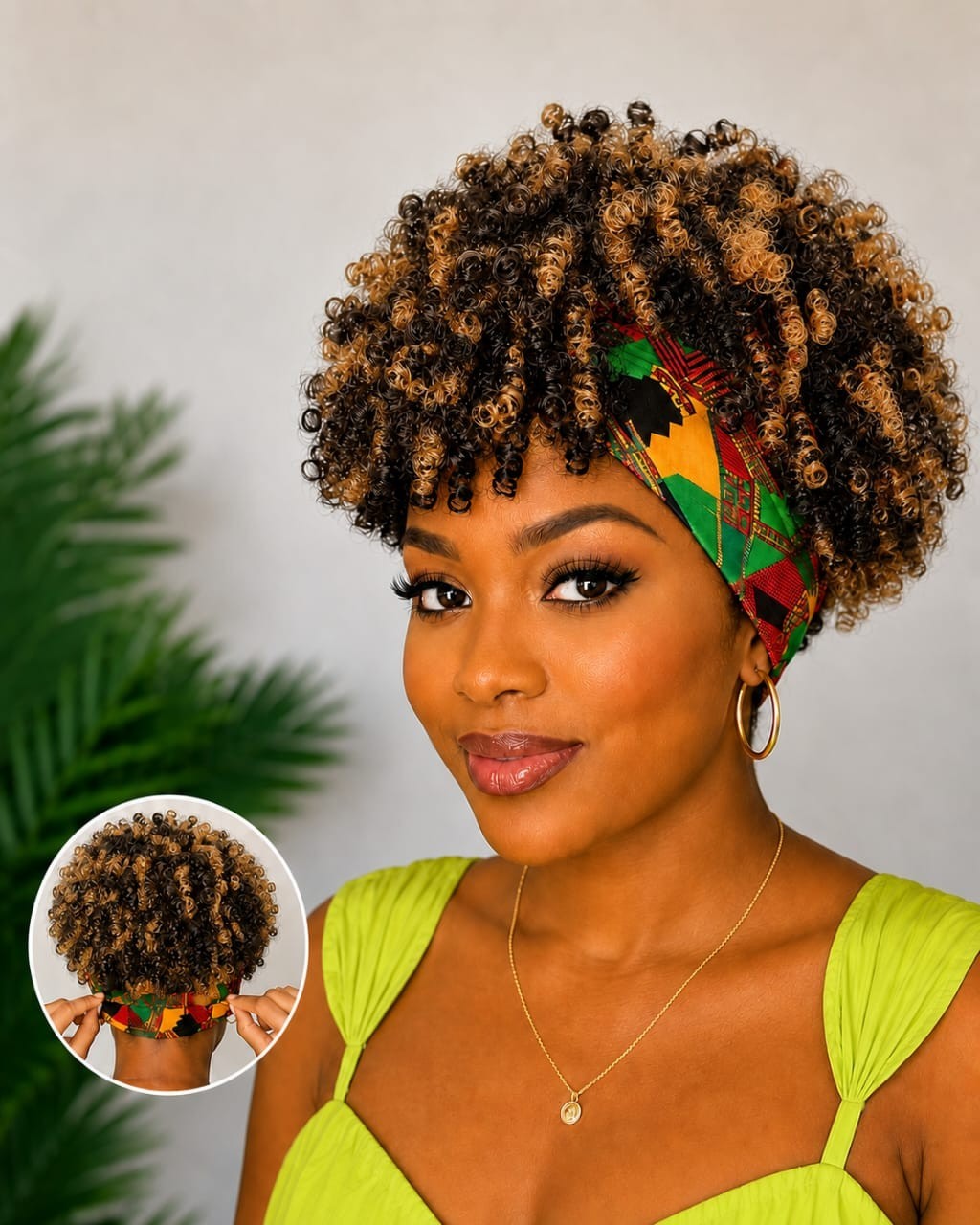 Women’s 6-Inch Short Kinky Coil Headband Wig, African Print Adjustable Headband