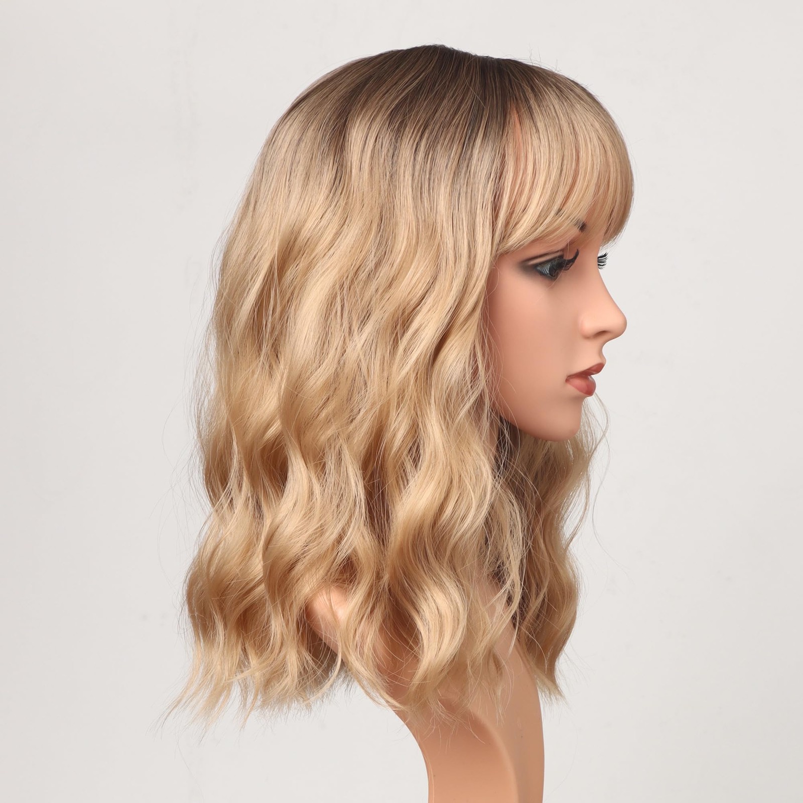 Blonde Wavy Wig with Bangs for Women Shoulder Length Synthetic Wigs Natural W…